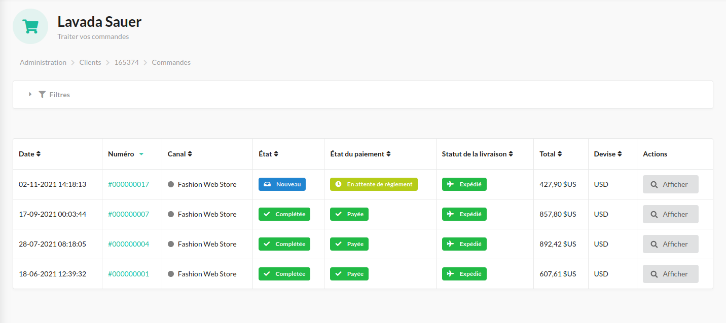 Voir les commandes du client dans Sylius